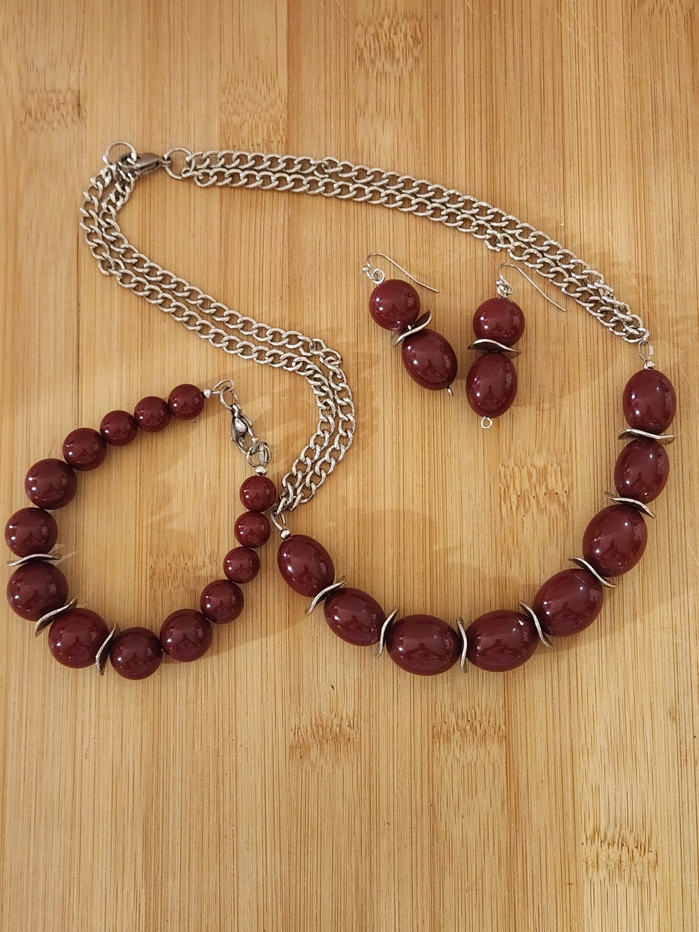 Hand Crafted Maroon Bead Necklace Bracelet and Earring Set